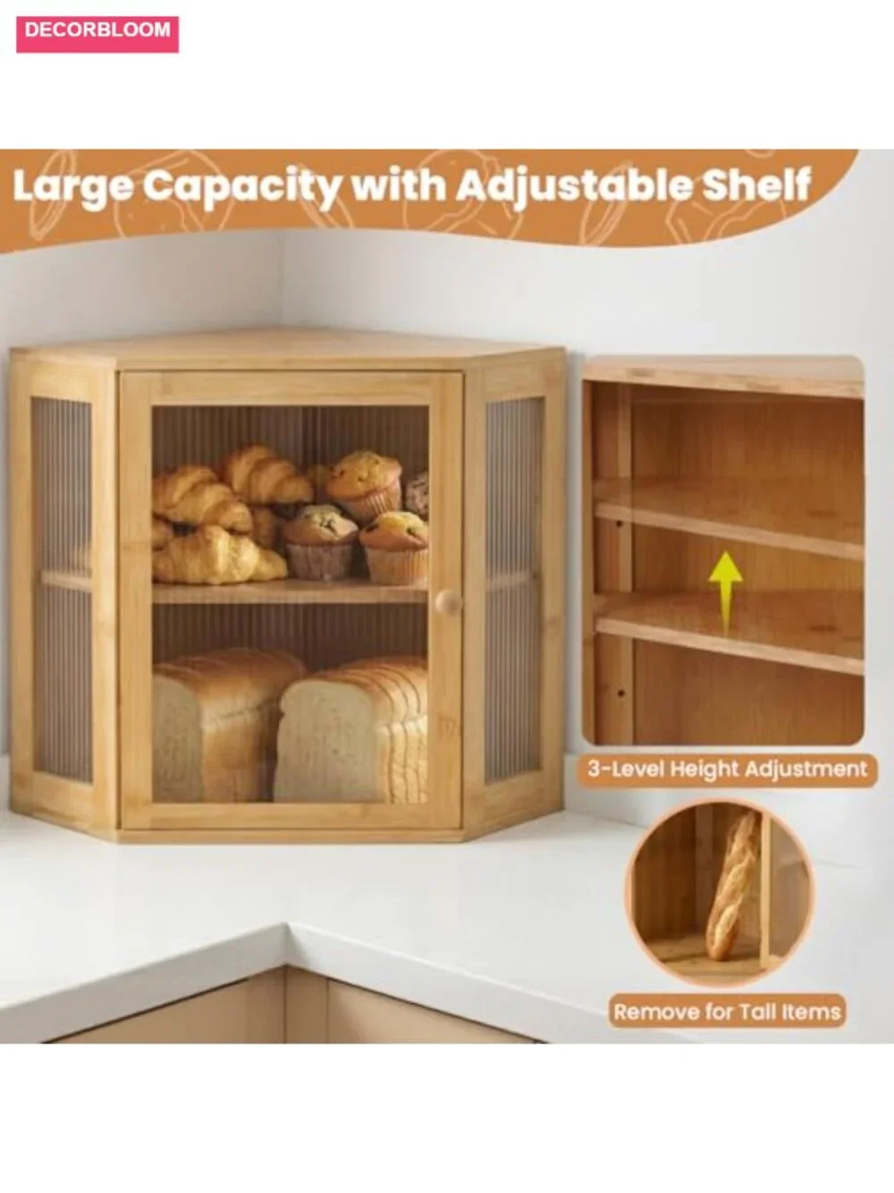 Corner Bamboo Bread Box with Lid - Two Layer Kitchen Countertop Storage